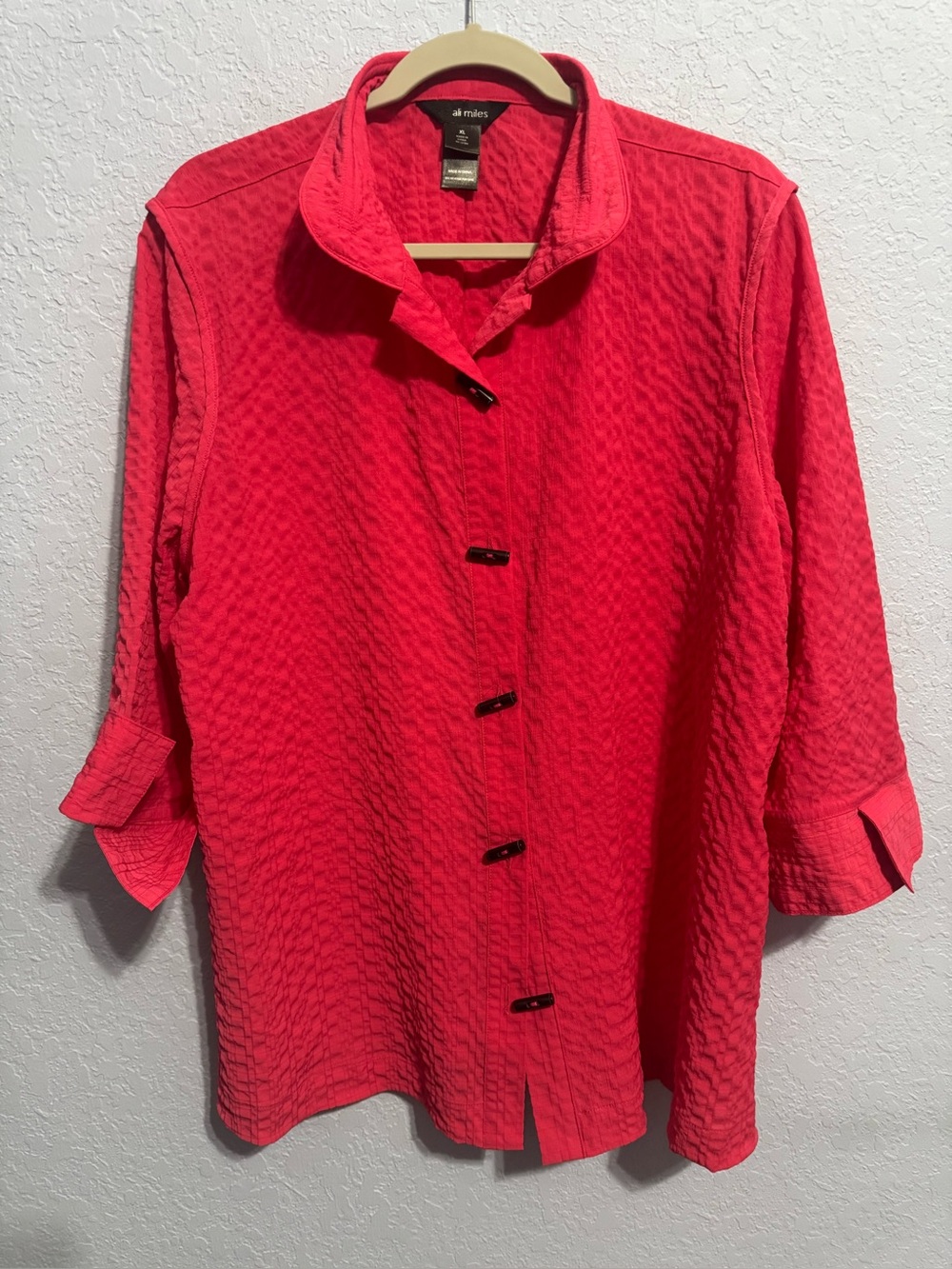Ali Miles Pink Coral Button-Down Textured Toggle Button 3/4 Sleeve Crinkle Shirt
